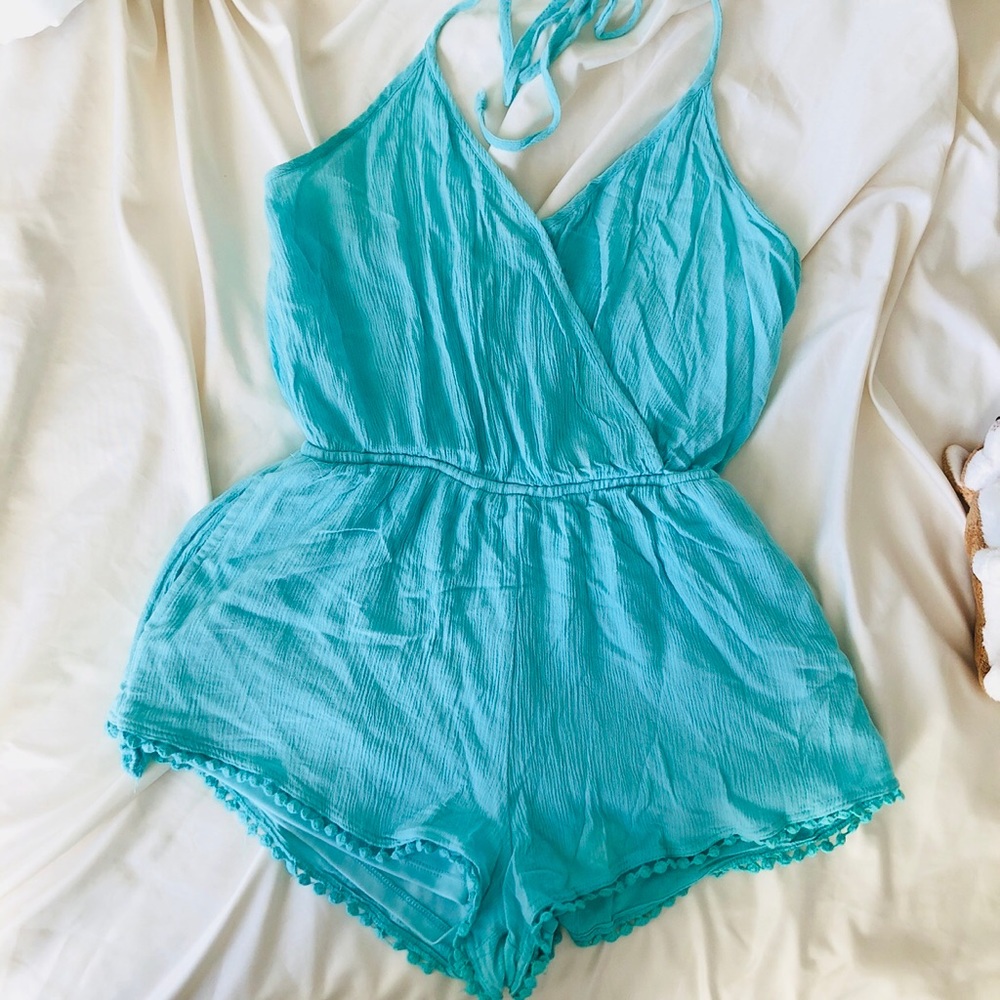 Aqua Halter Romper with trim